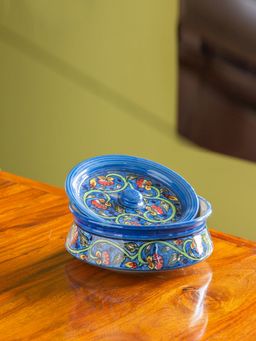 ExclusiveLane - Mughal Gardens-2' Ceramic Serving Handi With Lid (700 ML, Microwave Safe)