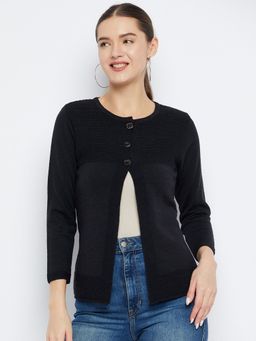 ZIGO - Women Winterwear Self Design Black Woollen Cardigan