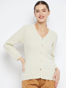 ZIGO - Women Winterwear Self Design Beige Woollen Cardigan