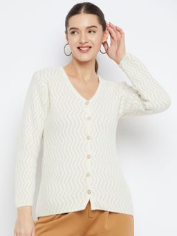 ZIGO - Women Winterwear Self Design Cream Woollen Cardigan