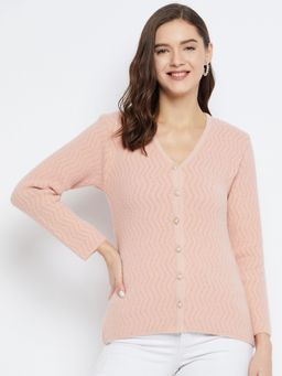 ZIGO - Women Winterwear Self Design Peach Woollen Cardigan