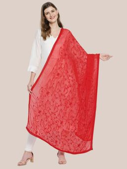Dupatta Bazaar - Womens Red Embroidered Chiffon Dupatta with Lace