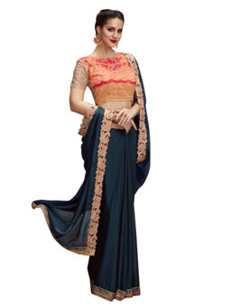 Stylee LIFESTYLE - Navy Blue Georgette Embroidered Saree
