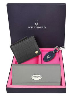 WILDHORN - Premium Leather Ladies Wallet, Mens Wallet and Keychain Gift -1K_GR_2052BKCR_K (Set of 3)