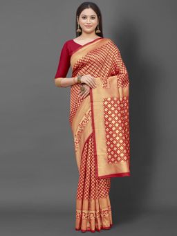 Akhilam - Womens Silk Blend Red Woven Design Celebrity Saree with Unstitched Blouse