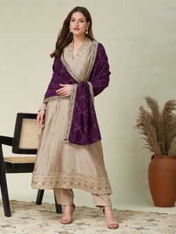 Anveri Textiles - Cream Women's Festive Embroidered Anarkali Kurta with Pant and Dupatta