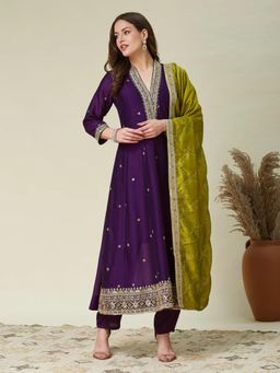 Anveri Textiles - Purple Women's Festive Embroidered Anarkali Kurta with Pant and Dupatta