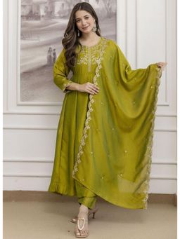 Anveri Textiles - Olive Women's Embroidered Anarkali Kurta with Pant and Dupatta
