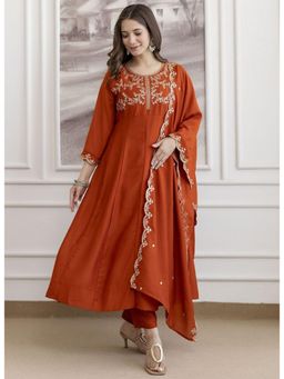 Anveri Textiles - Orange Women's Embroidered Anarkali Kurta with Pant and Dupatta