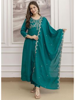 Anveri Textiles - Teal Women's Embroidered Anarkali Kurta with Pant and Dupatta