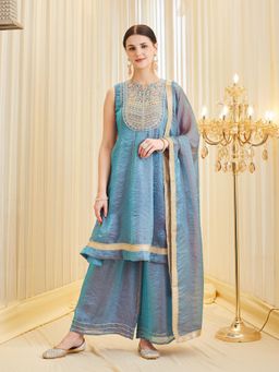 MOKOSH - Women Blue Embroidered Silk Anarkali Kurta with Palazzo and Dupatta