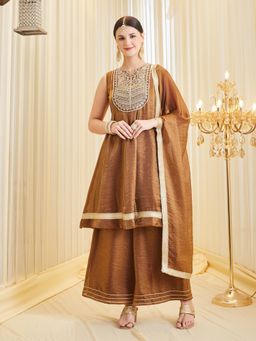 MOKOSH - Women Brown Embroidered Silk Anarkali Kurta with Palazzo and Dupatta