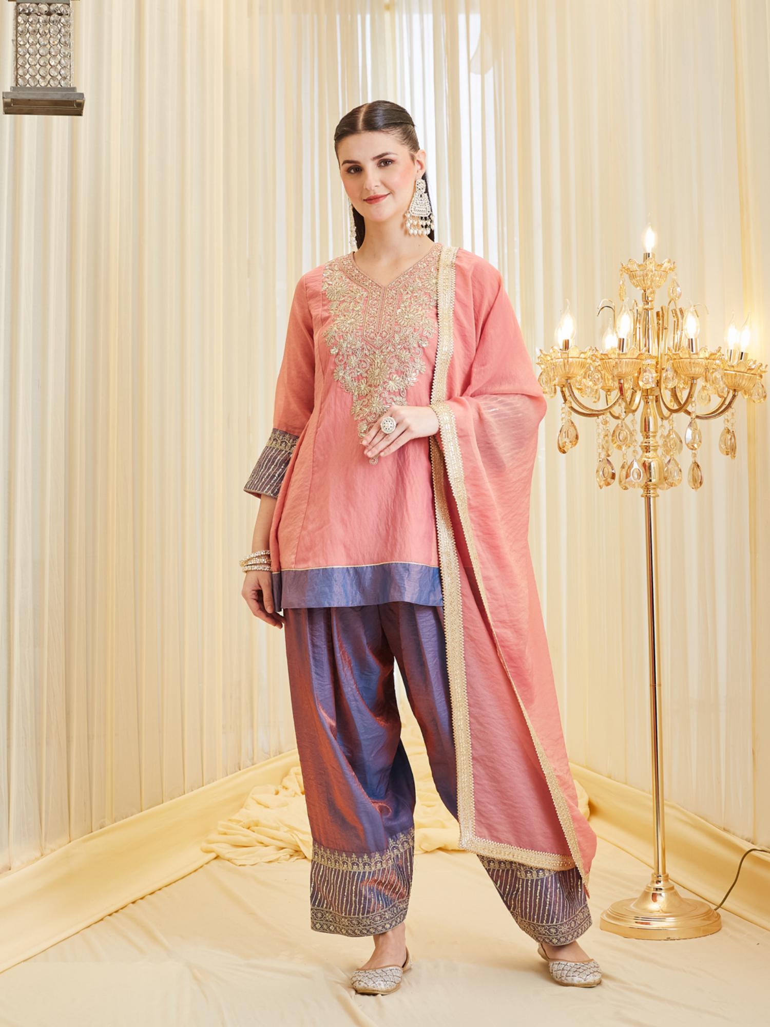 mokosh Women Pink Embroidered Silk Peplum Kurti with Salwar and Dupatta-picture-24