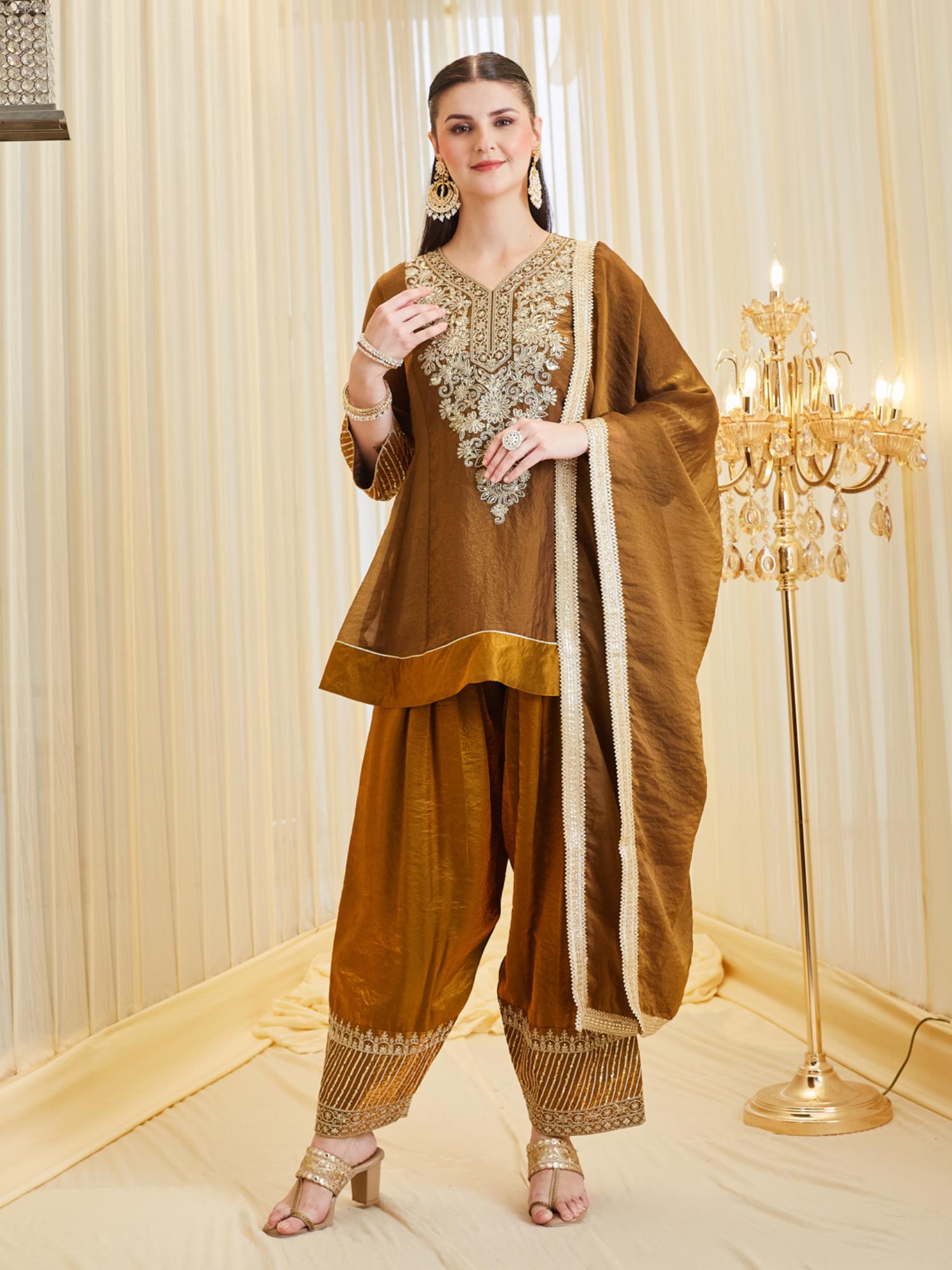mokosh Women Brown Embroidered Silk Peplum Kurti with Salwar and Dupatta-picture-23