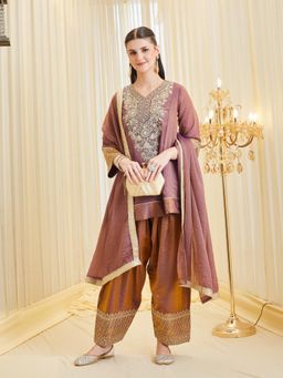 MOKOSH - Women Purple Embroidered Silk Peplum Kurti with Salwar and Dupatta