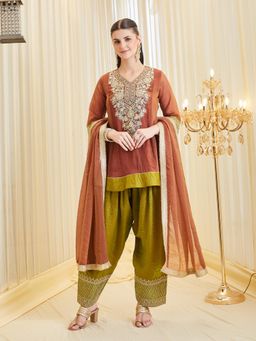 MOKOSH - Women Rust Embroidered Silk Peplum Kurti with Salwar and Dupatta