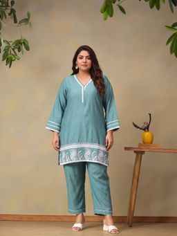 Bani Women - Plus Size Aqua Printed Straight Kurta with Pant