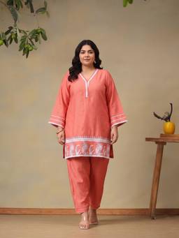 Bani Women - Plus Size Orange Printed Straight Kurta with Pant