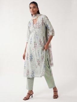 max - Women Green Floral Print A-Line Kurta with Pant and Dupatta