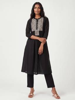 max - Women Black Embroidered A-Line Kurta with Pant