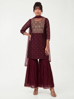 max - Women Maroon Embroidered Kurta with Sharara and Dupatta