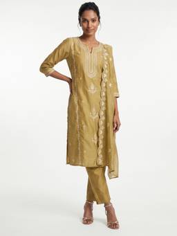 max - Women Yellow Embroidered Straight Kurta with Pant and Dupatta