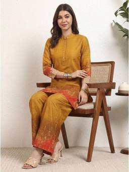 Deebaco - Women Mustard Tie Dye Polyester Kurta with Pant
