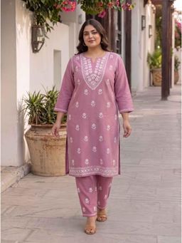 Doriyaan - Womens Plus Size Chikankari Embroidery Pink Straight Kurta with Pant
