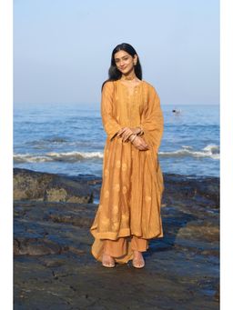 HERITAGE - Ochre Mustard Chikankari Embroidered Chanderi Kurta With Pant and Dupatta