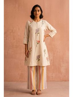 HERITAGE - Ivory Floral Embroidered Khadi Cotton Kurta With Pant