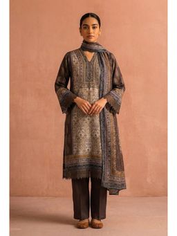 HERITAGE - Mocha Brown Baroque Printed Crepe Silk Kurta With Pant and Dupatta