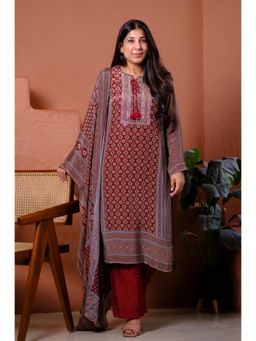 HERITAGE - Rust Ajrakh Printed Crepe Kurta With Pant and Dupatta