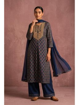 HERITAGE - Indigo Ajrakh Printed Chanderi Silk Kurta With Pant and Dupatta