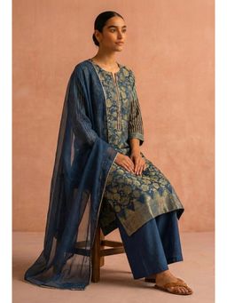 HERITAGE - Teal Block Printed Chanderi Silk Kurta With Pant and Dupatta