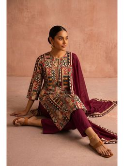 HERITAGE - Maroon Patchwork Printed Linen Cotton Kurta With Pant and Dupatta