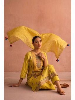 HERITAGE - Sunshine Yellow Embroidered Cotton Silk Kurta With Pant and Dupatta