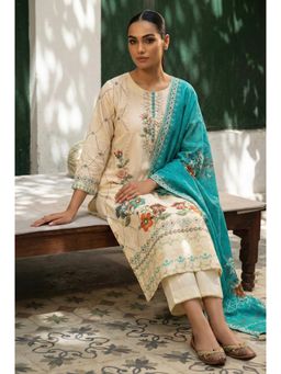 HERITAGE - Cream Floral Printed Chanderi Kurta With Pant and Dupatta