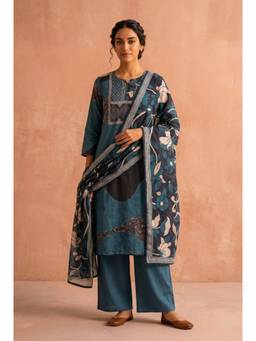 HERITAGE - Teal Printed Cotton Kurta With Pant and Dupatta