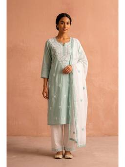 HERITAGE - Pastel Aqua Chikankari Embroidered Cotton Kurta With Pant and Dupatta