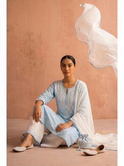 HERITAGE - Pastel Sky Blue Chikankari Embroidered Cotton Kurta With Pant and Dupatta