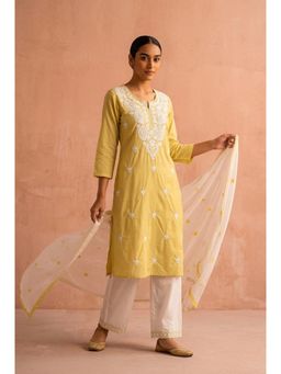 HERITAGE - Pastel Yellow Chikankari Embroidered Cotton Kurta With Pant and Dupatta