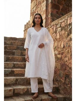 HERITAGE - Ivory Hand Painted Khadi Cotton Kurta With Pant and Dupatta