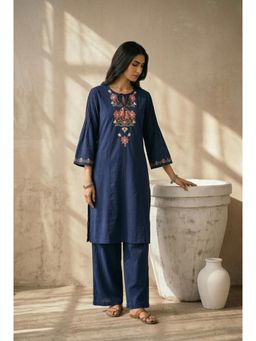 HERITAGE - Indigo Blue Floral Embroidered Cotton Silk Kurta With Pant