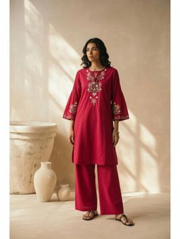 HERITAGE - Raspberry Red Floral Embroidered Cotton Silk Kurta With Pant