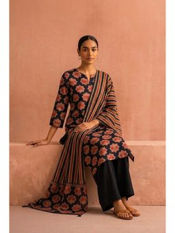 HERITAGE - Midnight Black Block Printed Cotton Kurta With Pant and Dupatta