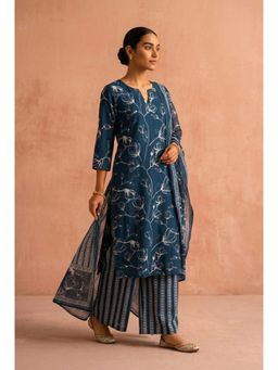 HERITAGE - Indigo Blue Floral Block Printed Cotton Kurta With Pant and Dupatta