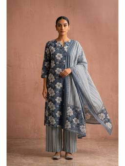 HERITAGE - Slate Blue Floral Printed Cotton Kurta With Pant and Dupatta