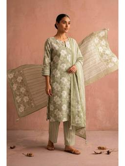 HERITAGE - Sage Green Floral Printed Cotton Kurta With Pant and Dupatta