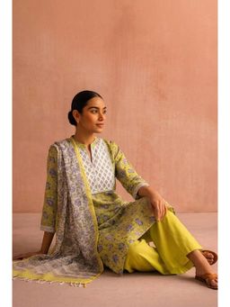 HERITAGE - Lime Yellow Floral Printed Cotton Kurta With Pant and Kota Doria Dupatta