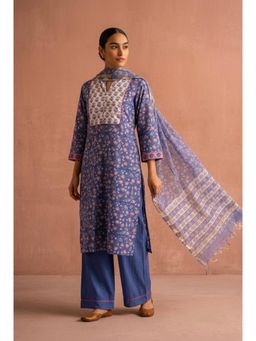 HERITAGE - Blue Floral Printed Cotton Kurta With Pant and Kota Doria Dupatta